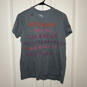 Anthropologie Chaser Seas Embroidered Blue Linen T Shirt Top Women Size Medium